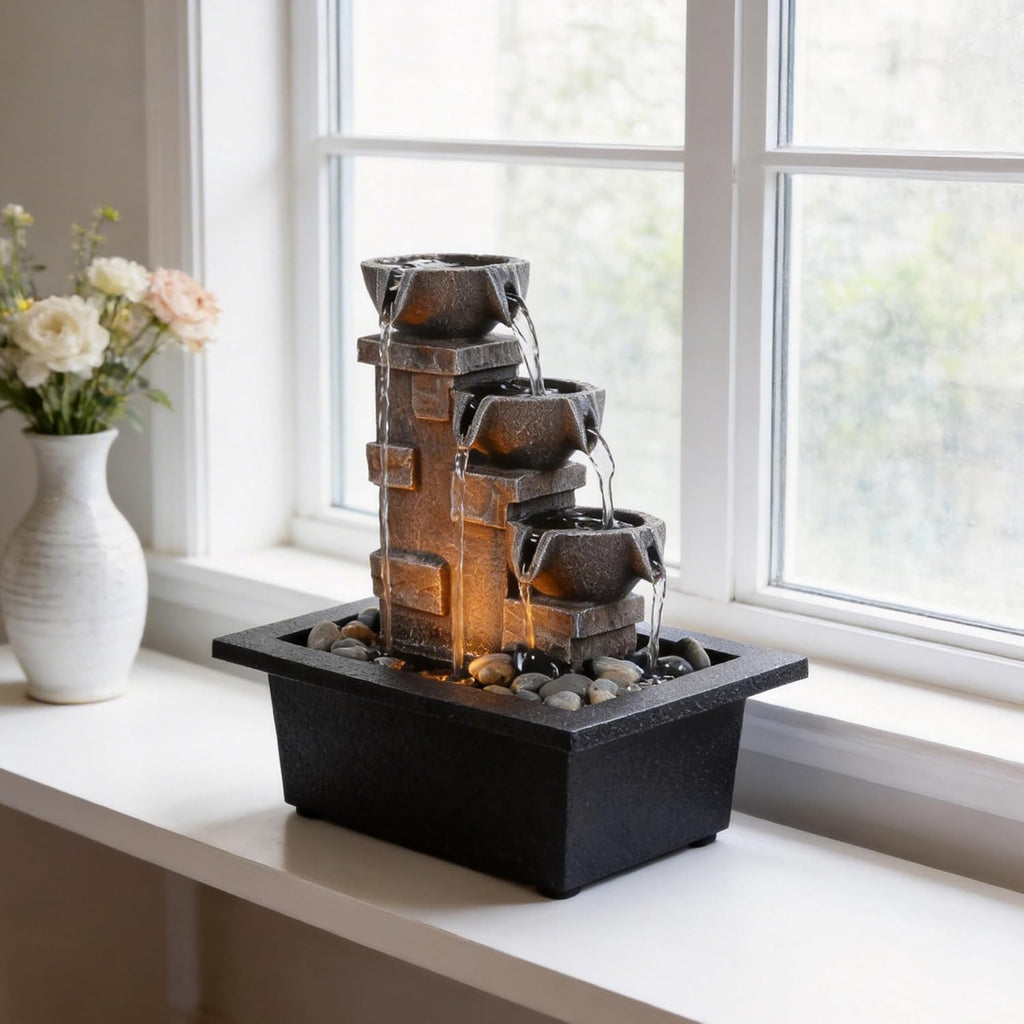 Home Décor Imitation 3-Tier Stone Wall Tabletop Fountain Many Natural River Rock Office Relaxing Desktop Zen