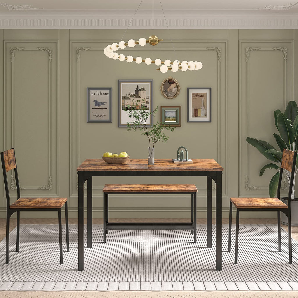 Dining Table Set, Two Chairs and One Bench 4 Pieces Set Wooden Table Top with Metal Legs for Breakfast Room, Dining