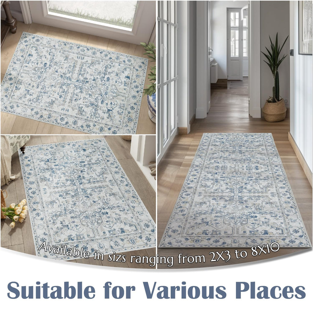 3x10 Washable Hallway Runner Rug, Vintage Floral Non-Slip, Blue