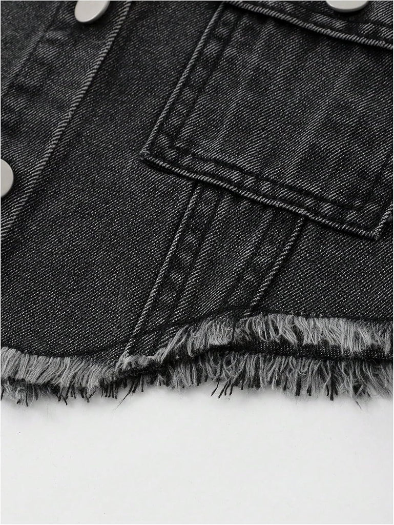 Girl's Jean Jacket Asymmetrical Raw Hem Button Down Denim Jackets
