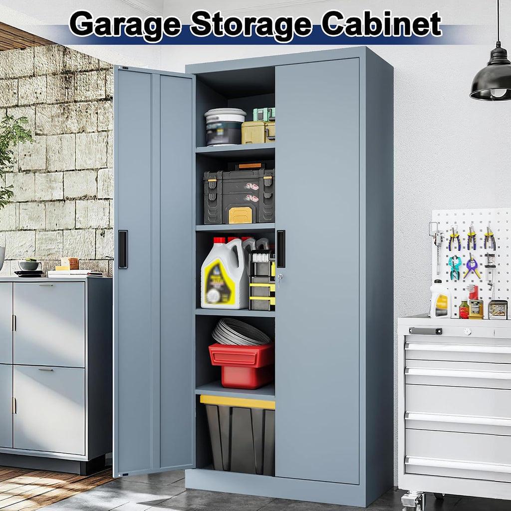 Metal Storage Cabinet with 2 Doors and 4 Adjustable Shelves Garage Storage Cabinet with Lock 71" Office Storage