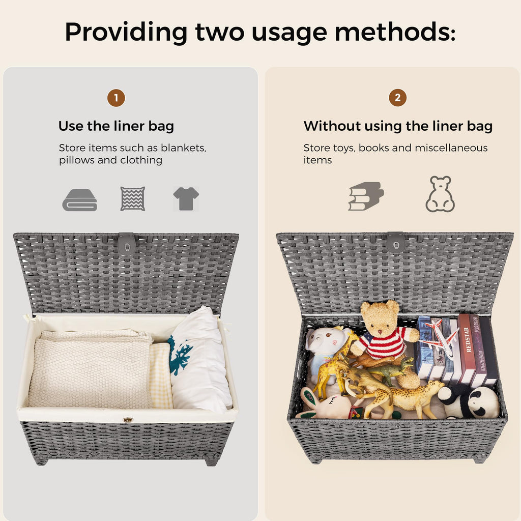 Wicker Storage Basket with Lid, 200L Storage Bin with Removable Liner Bag