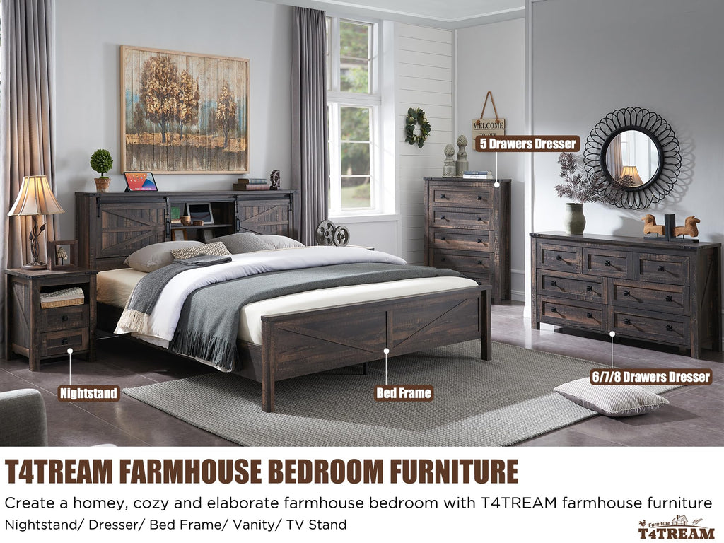 54" Wide Farmhouse 6-Drawer, Dark Rustic Oak