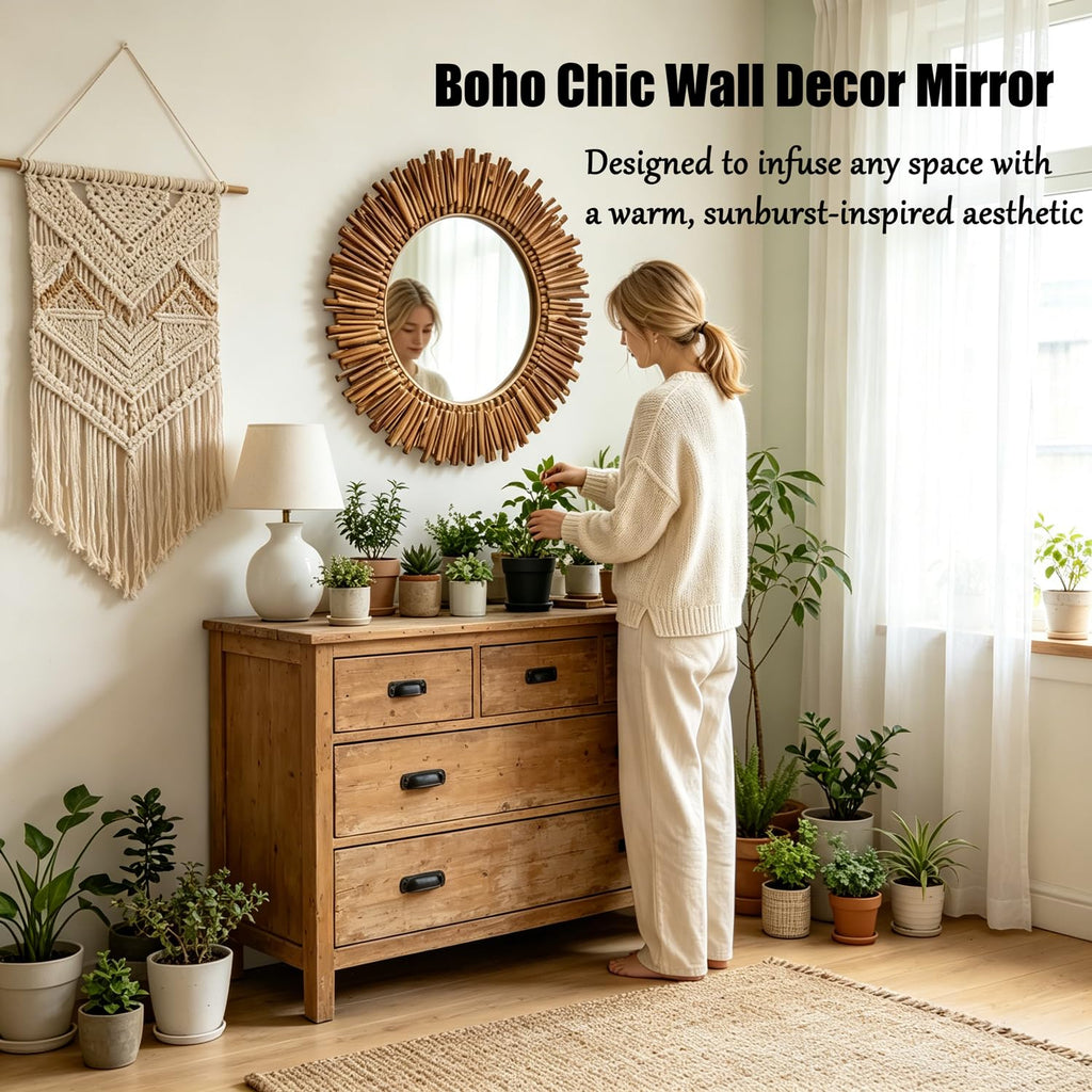 24 Inch Round Wall Mirror, Bohemian Sunburst Wall Mirror with Natural Wooden Stick Frame, Rustic Farmhouse Circle