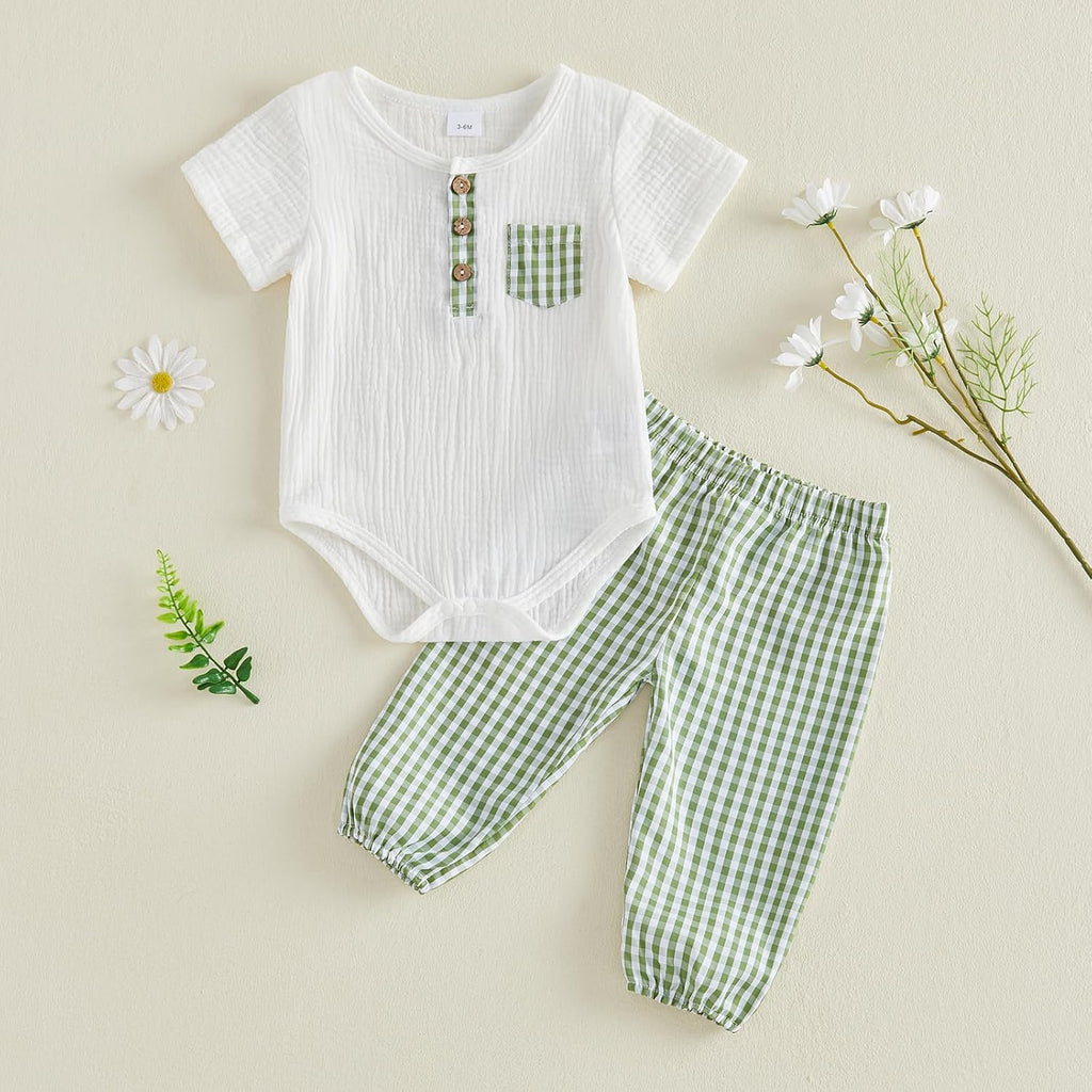 Newborn Baby Boy Summer Outfit Infant Little Boy 2 Piece Cotton Linen Button Up Pocked Shirts Top Gingham Pants Set