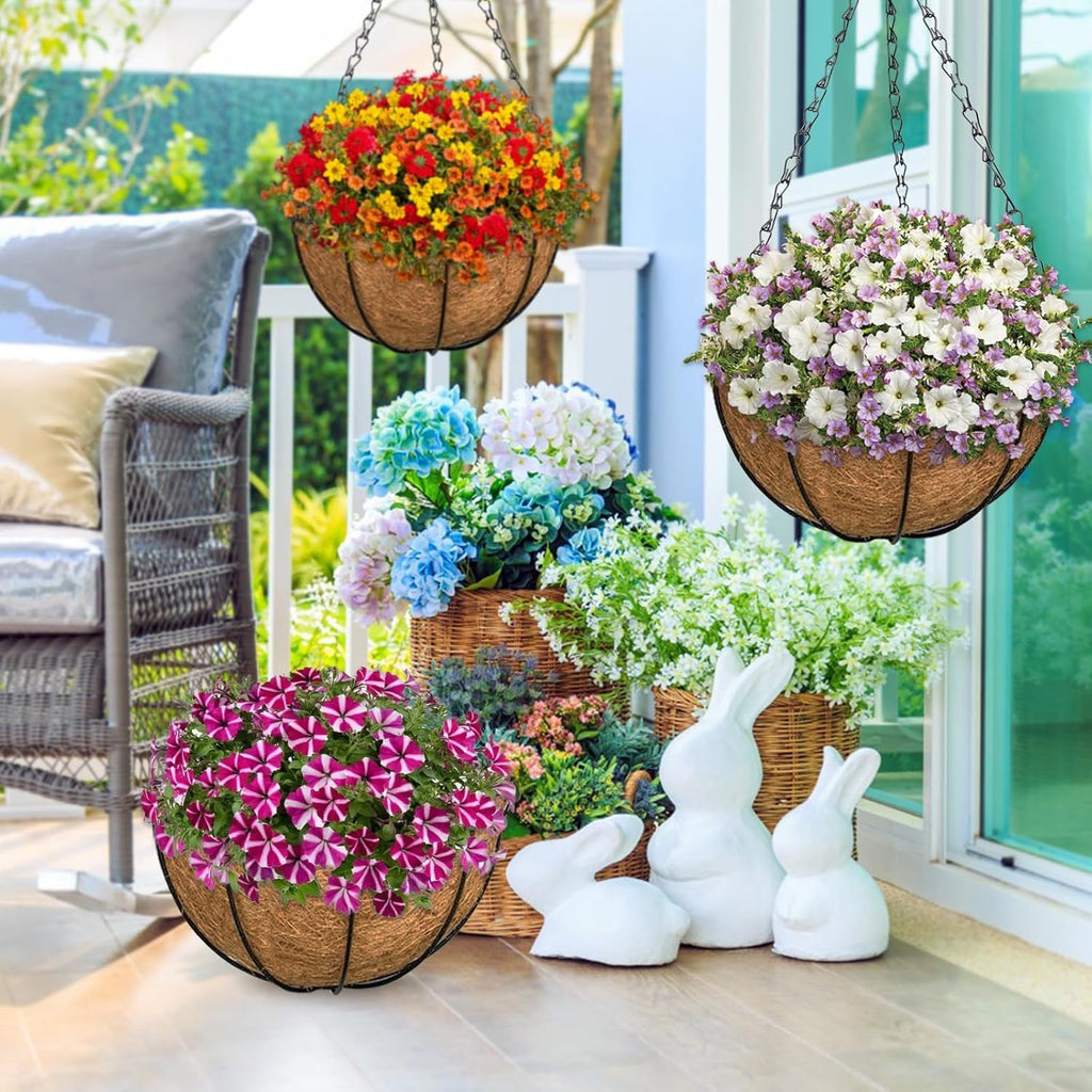 3 Pack 12 Inch Outdoor Hanging Baskets, Metal Wire Hanging Planters with Coconut Liners, Round Hanging Baskets for