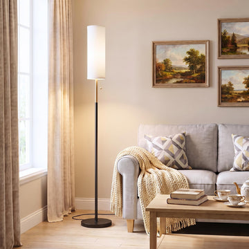 64" Floor Lamp with Bulb & Lampshade & Chain Switch, Black & Gold