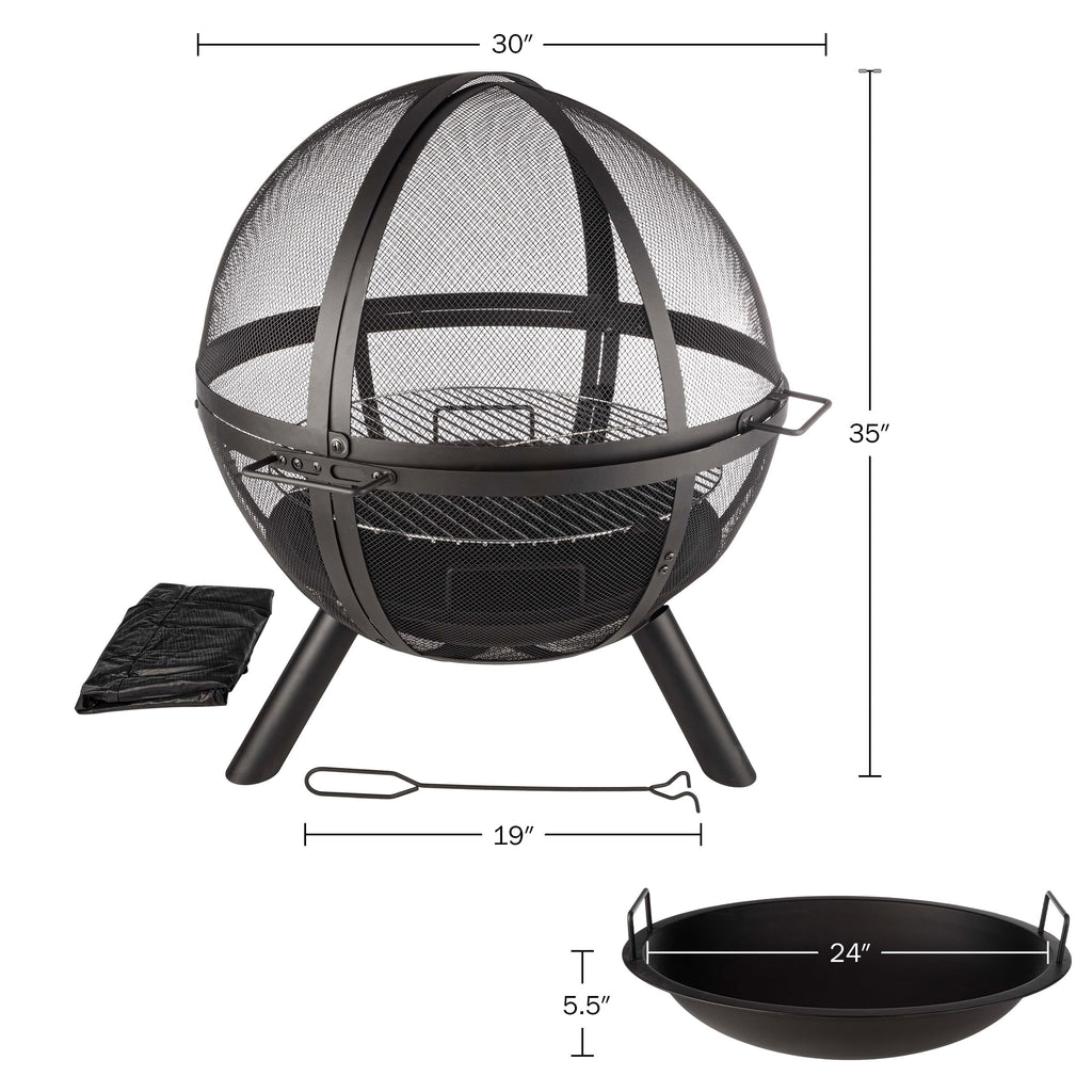 Outdoor Fire Pit Sphere with Grill for Barbequing, 30"
