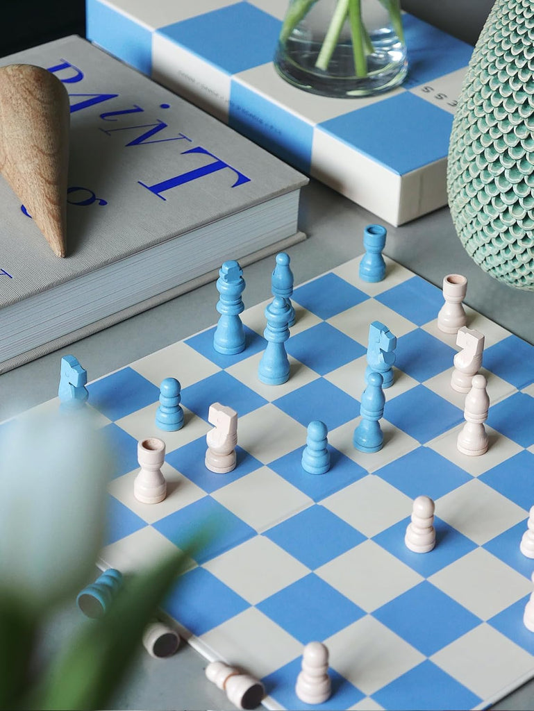 Play Blue Chess Set - Wooden Pieces & Foldable Chess Board