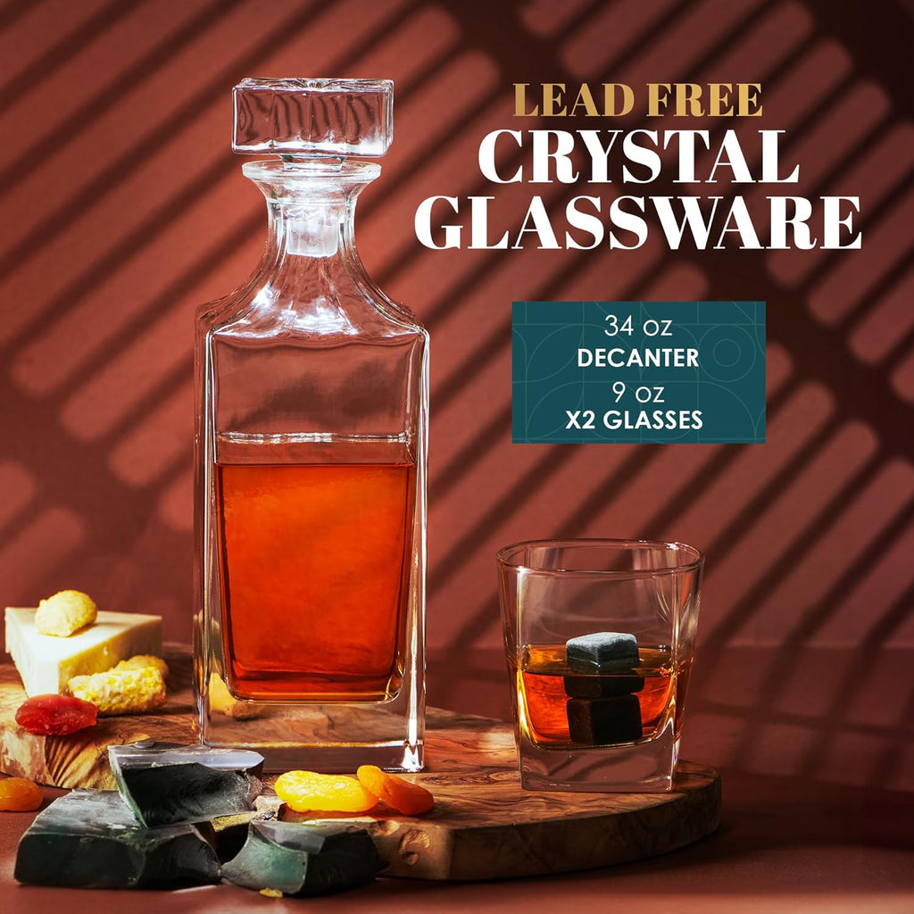 Whiskey Decanter Gift Set by - Liquor Bourbon Decanter 24 oz 750 ml with Glasses, Chilling Stones, Coasters and Tong