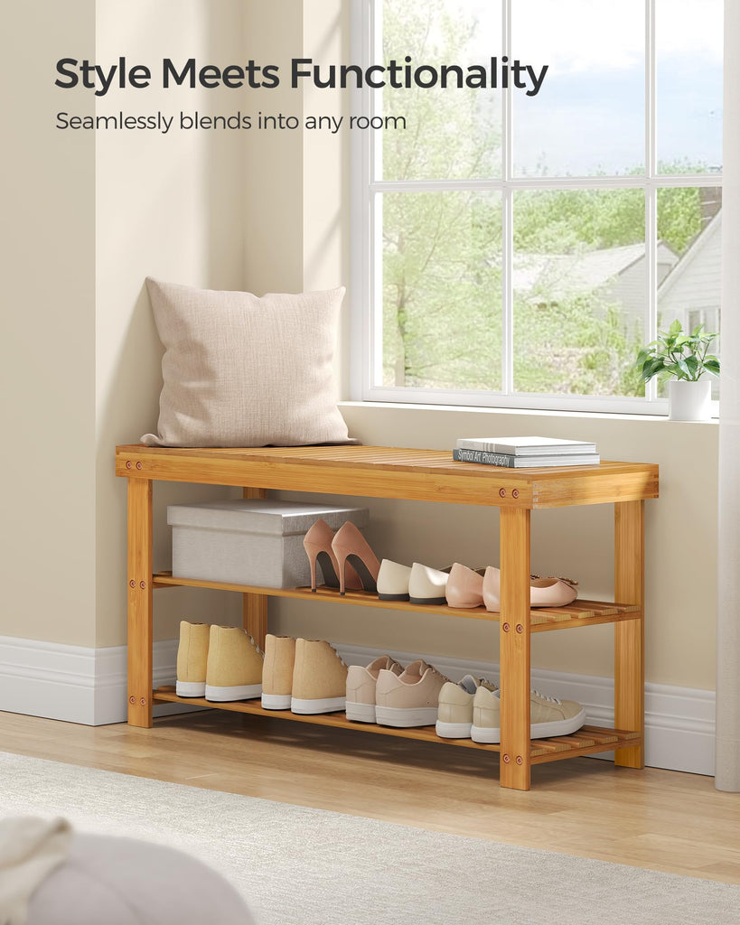 Shoe Rack Bench, 3-Tier Bamboo Entryway Bench, 35.2 Inches Width