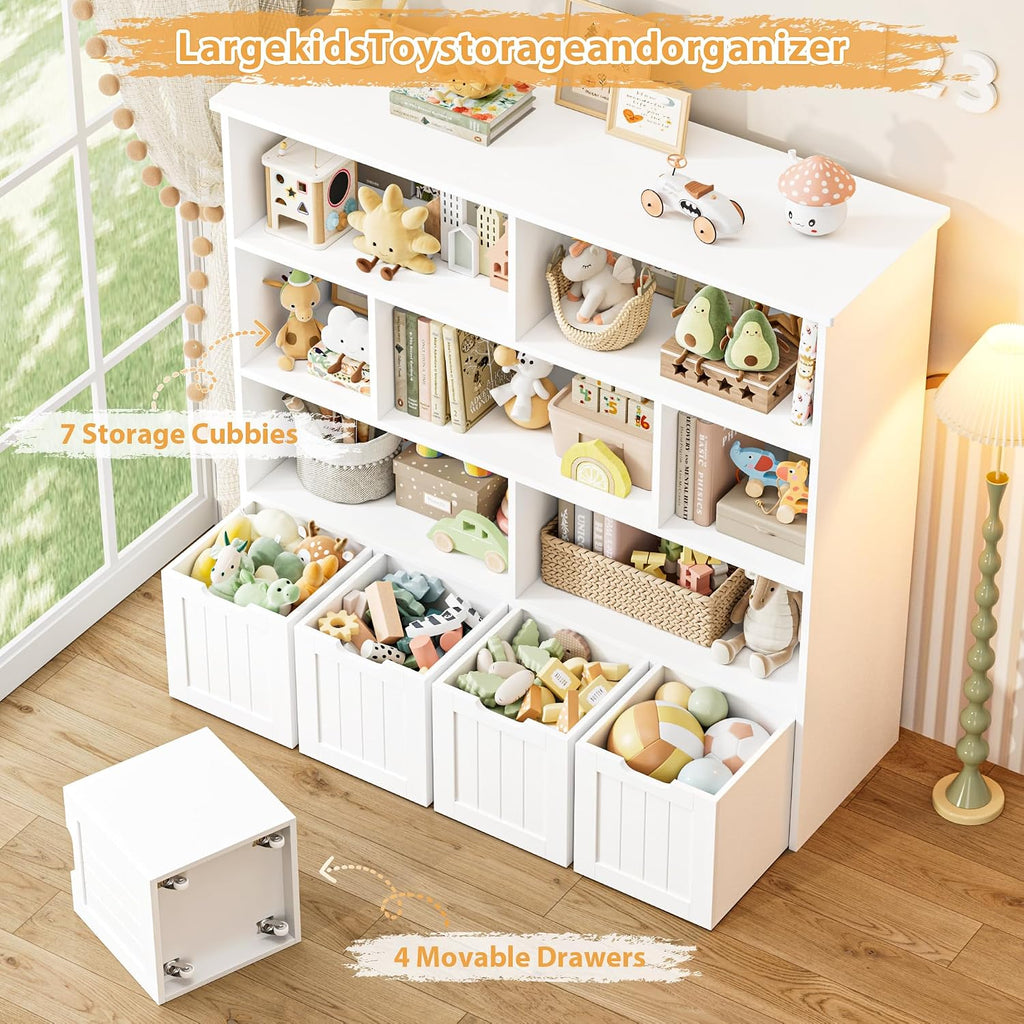 Toy Storage Organizer with Movable Drawer Toy Organizer for Kids | Kids Bookshelf and Toy Chest Storage with Hidden