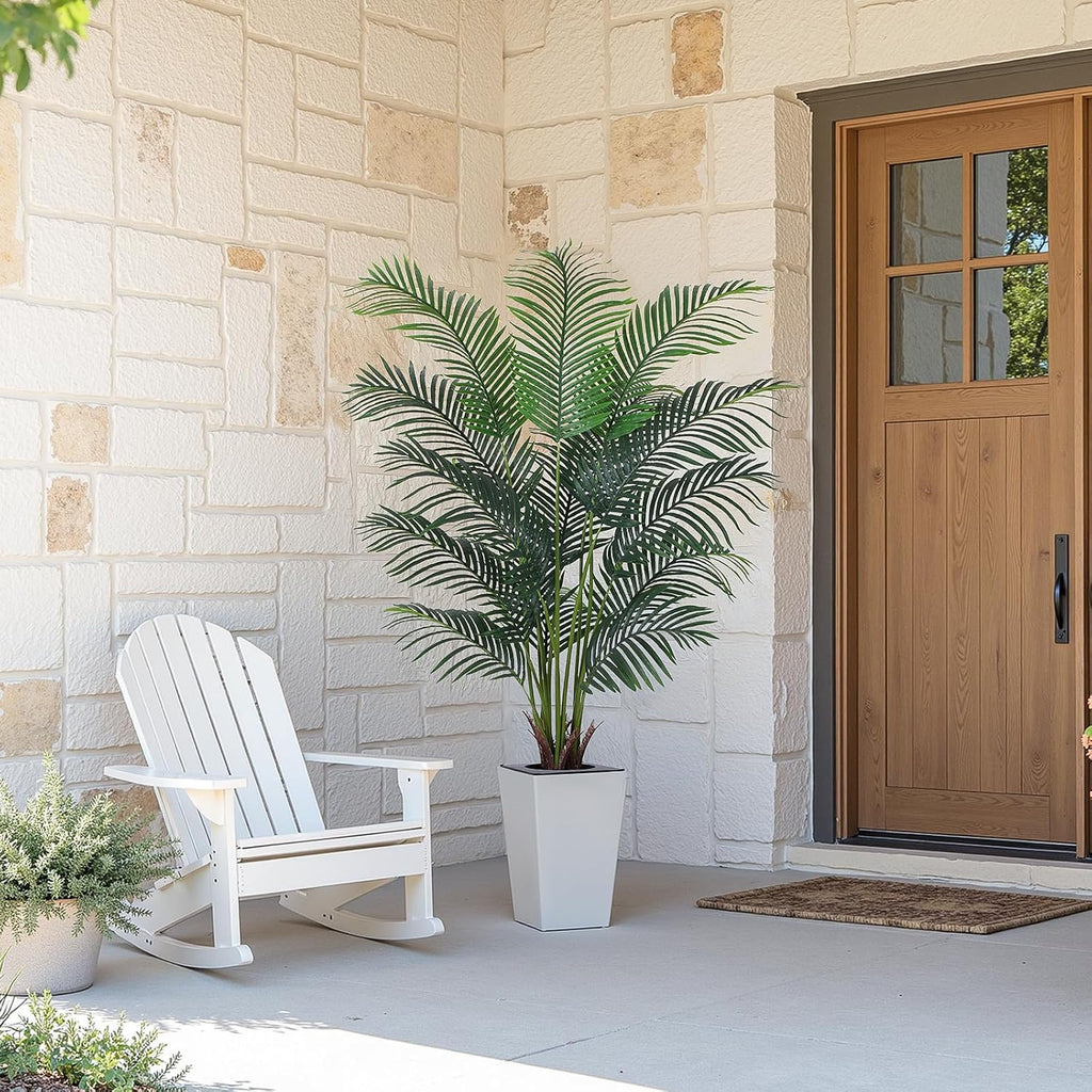 Artificial Palm Tree with White Tall Planter, 6ft Tall Potted Artificial Silk Palm Tree Plant, Fake Tropical Plant