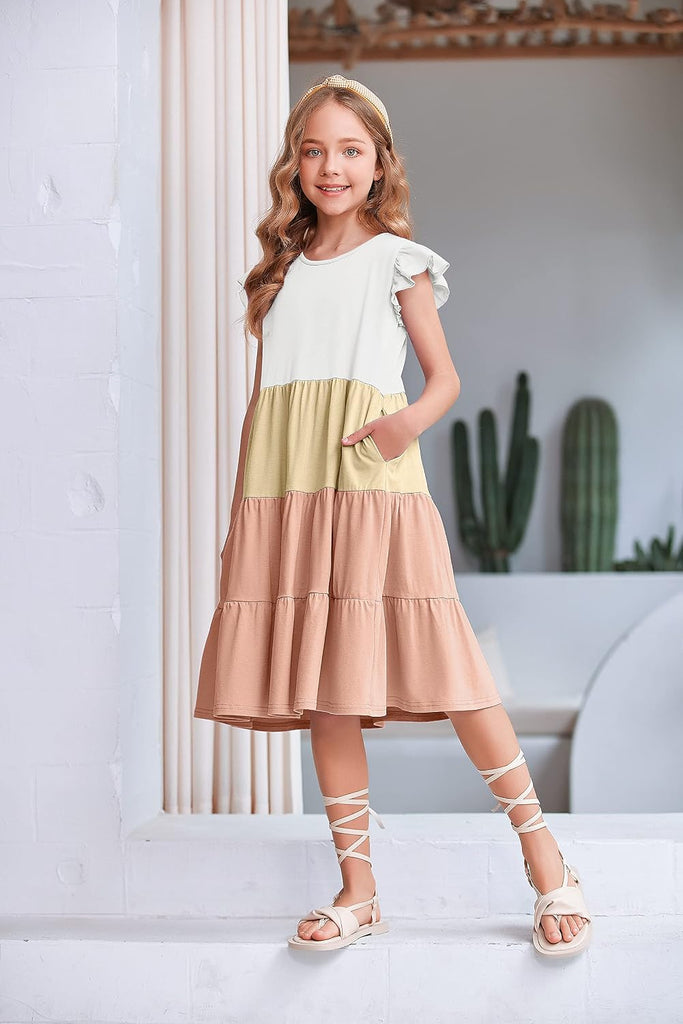 Girls Ruffle Sleeve Tiered Swing Midi Casual Sundress with Pockets