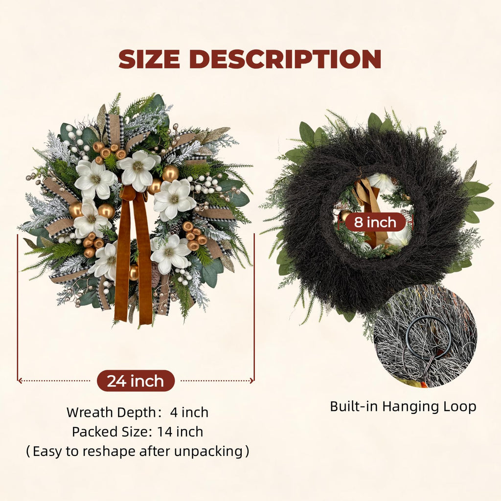 24 inch Farmhouse Christmas Front Door Wreath, Winter Magnolia & Pine