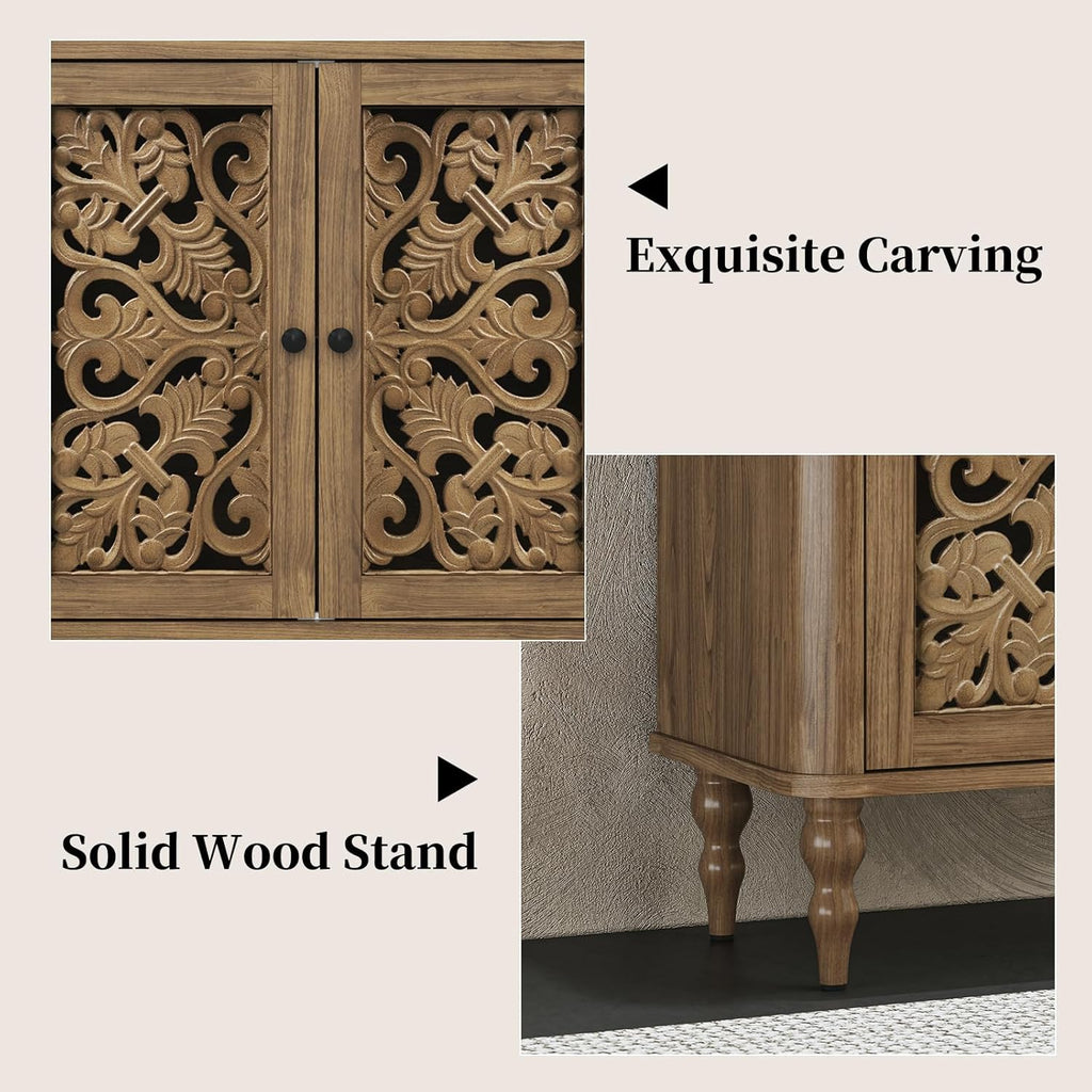 63" Retro Arc Carved Sideboard Buffet Cabinet, 4 Craft Doors Wooden Accent Credenza for Living Room, Dining Room
