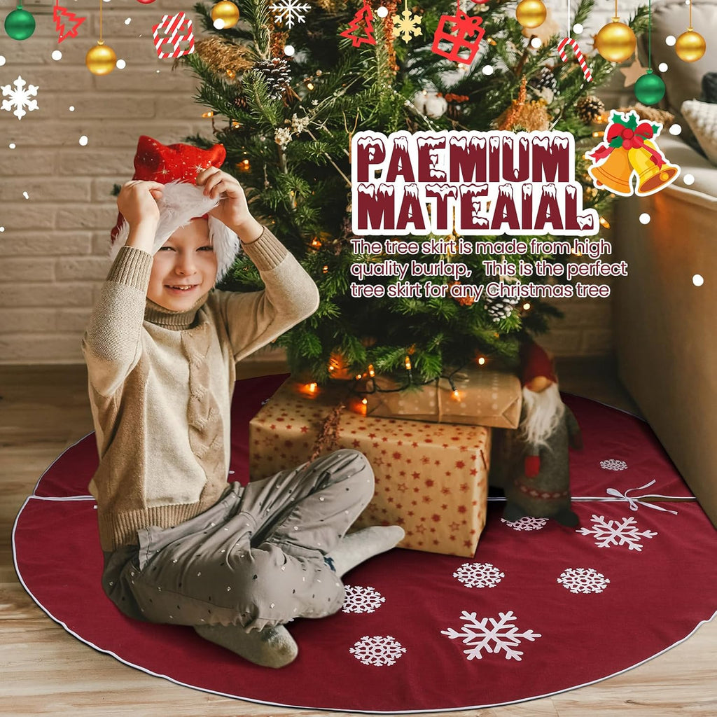 Large Christmas Burlap Tree Skirt Snowflake,84 Inch,Red