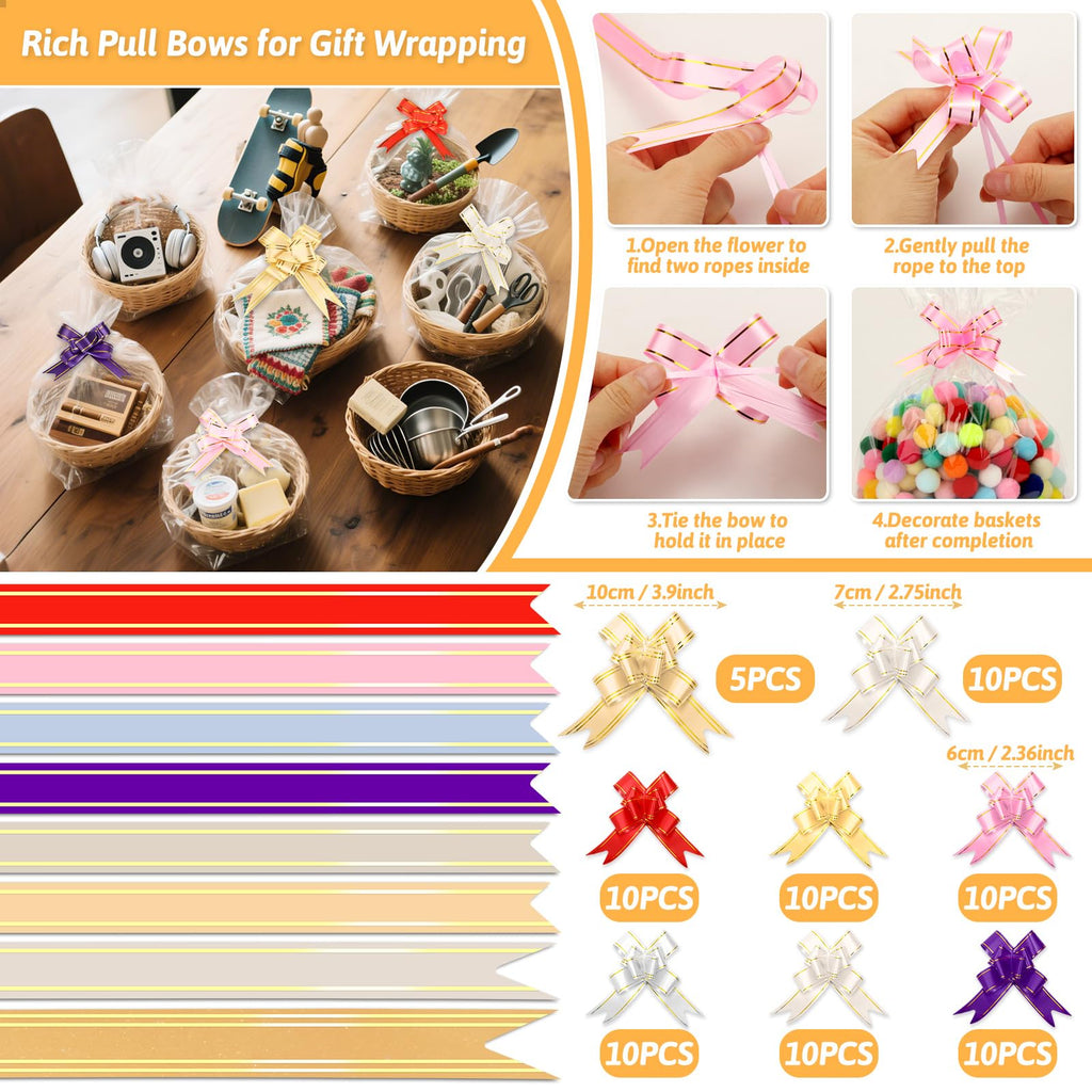 75PCS Clear Cellophane Bag for Gift Baskets 5 Sizes with Pull Bows