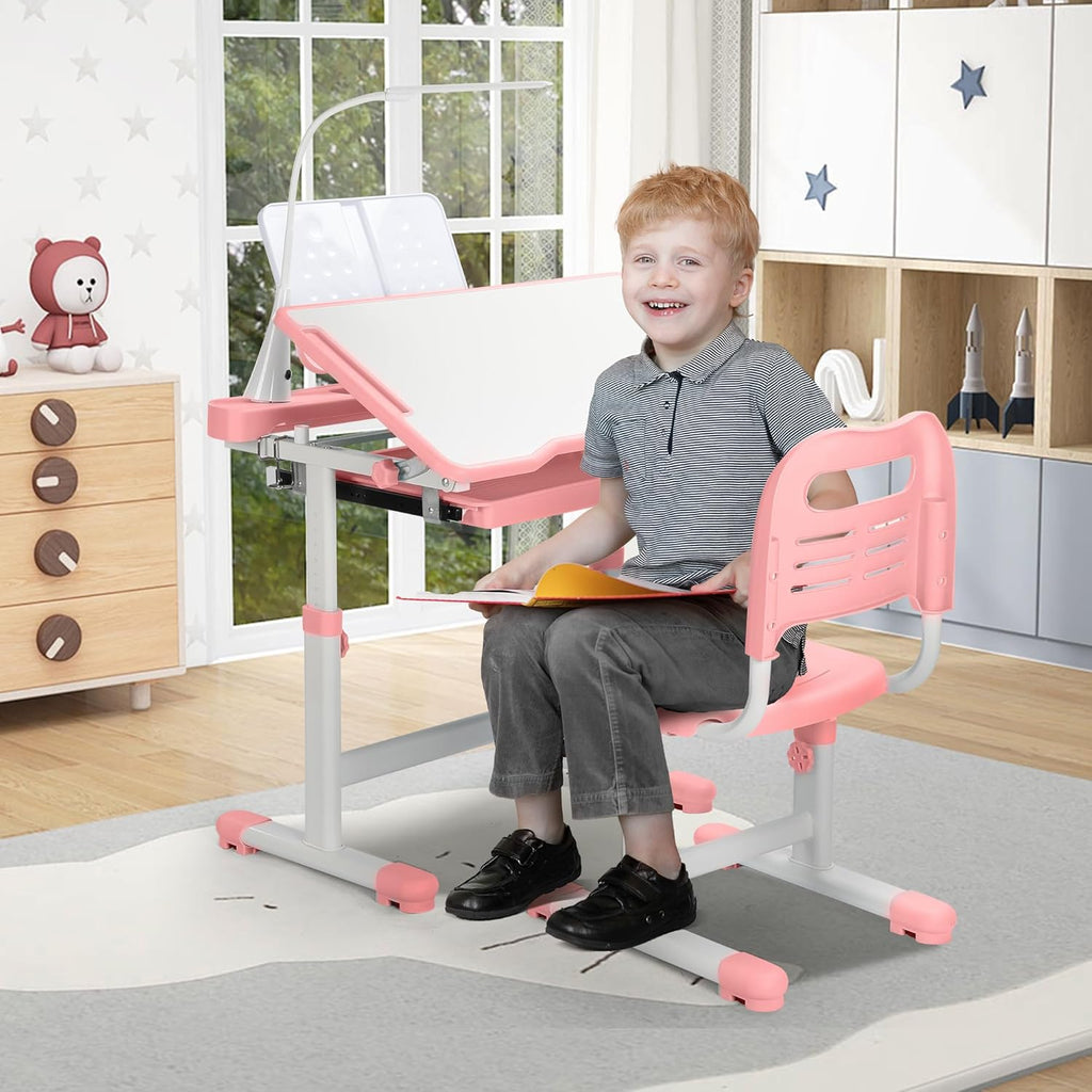 Kids Desk and Chair Set, Height Adjustable Children School Functional Study Desk with 55° Tiltable Desktop, 3 Modes &