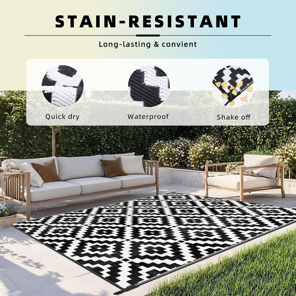 Outdoor Rug Black & White Waterproof Reversible Carpet Mat