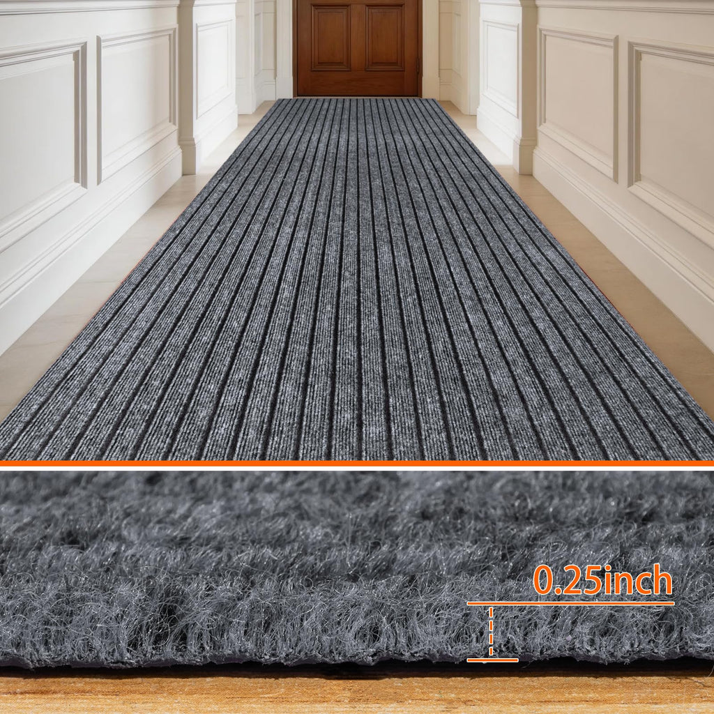 Indoor Outdoor Runner Rug, Gray Non Slip Rubber Backed Floor Runner, Low Profile Area Carpet, Balcony