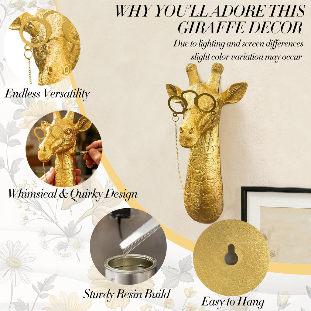 Golden Giraffe Animal Head Wall Decor with Glasses, 11.5X4.5" whimsical Resin Animal Wall Sculpture, Gold Wildlife