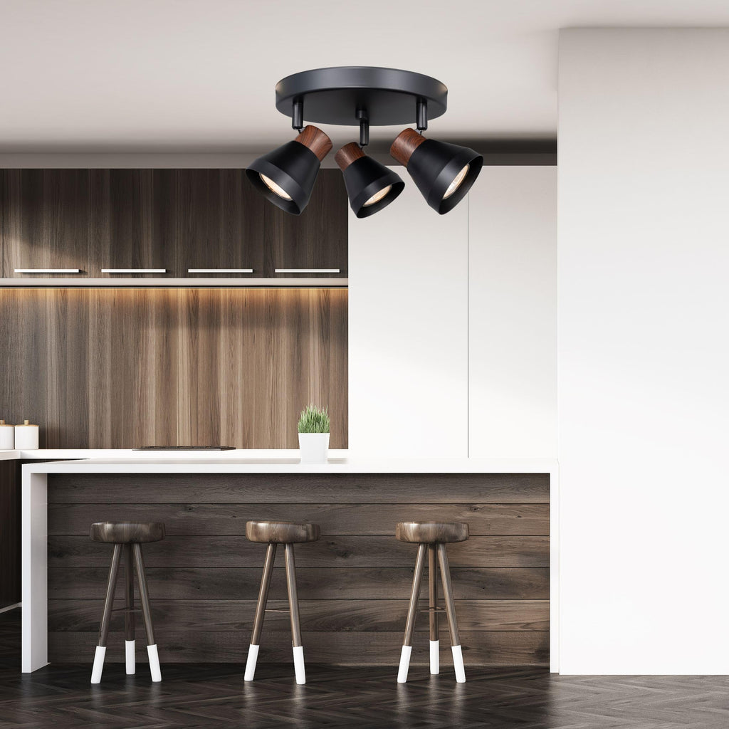 Modern Track Lighting Kit Black Faux Wood Accent,Adjustable GU10 Flush Mount Ceiling Fixture Pivot
