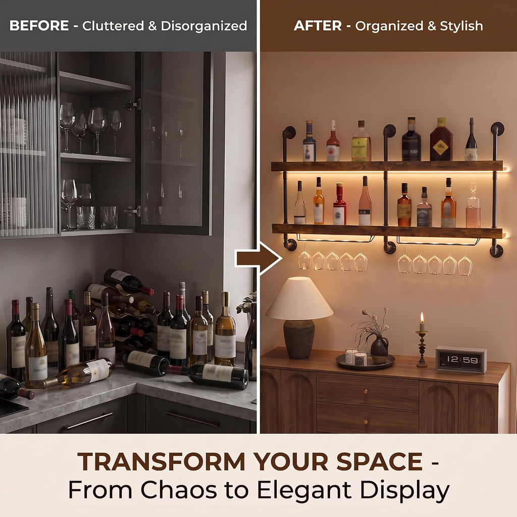 Wall Mounted Wine Rack with LED Lights, 55.1" W | 2-Tier Industrial Metal, Hanging Liquor & Wine Glass Rack, Display