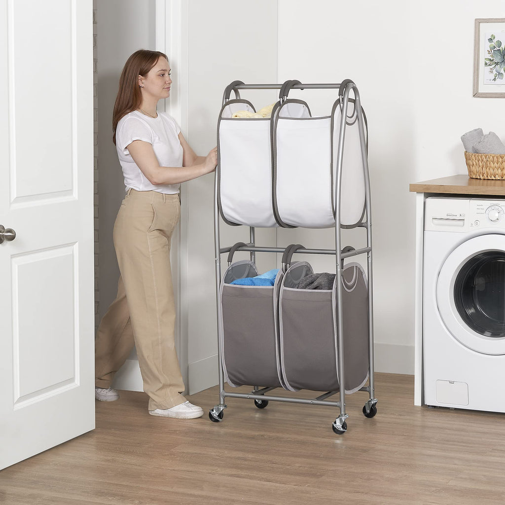 2 Tier Vertical Rolling Laundry Cart - Rolling Storage Cart On Wheels With 4 x Tote Hampers For Laundry, Towels