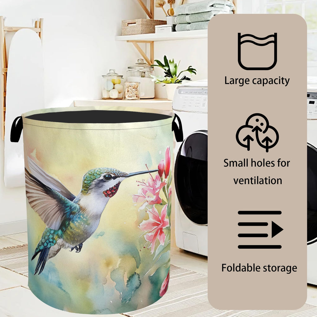 Summer Hummingbird Laundry Basket with Handles - Extra Large Foldable Hamper /Laundry/Bedroom/Dorm, Washable Fabric