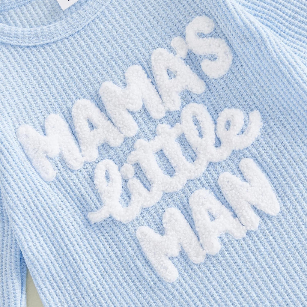 Waffle Knit Baby Boy Clothes Letters Embroidered Romper Pants Set