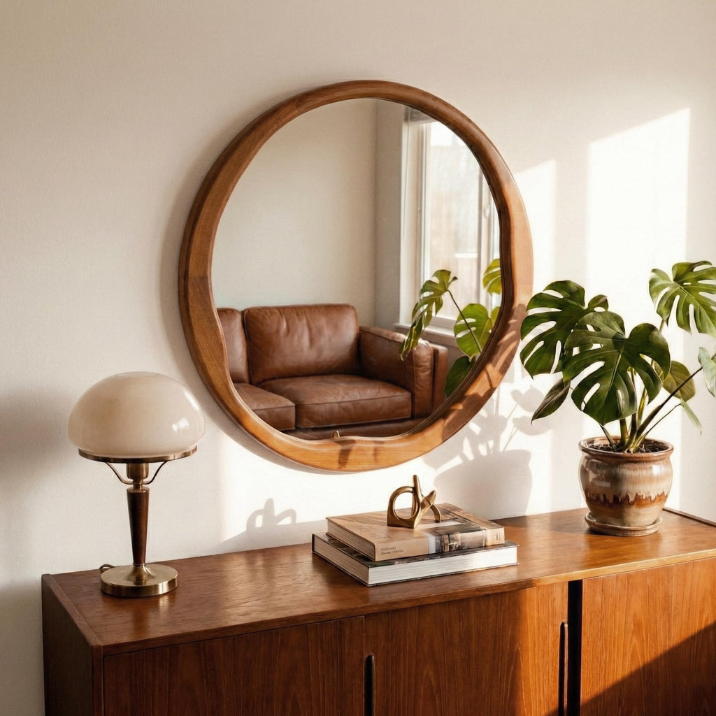 30 Inch Warm Walnut Round Wood Bathroom Mirror, Wavy Inner Edge