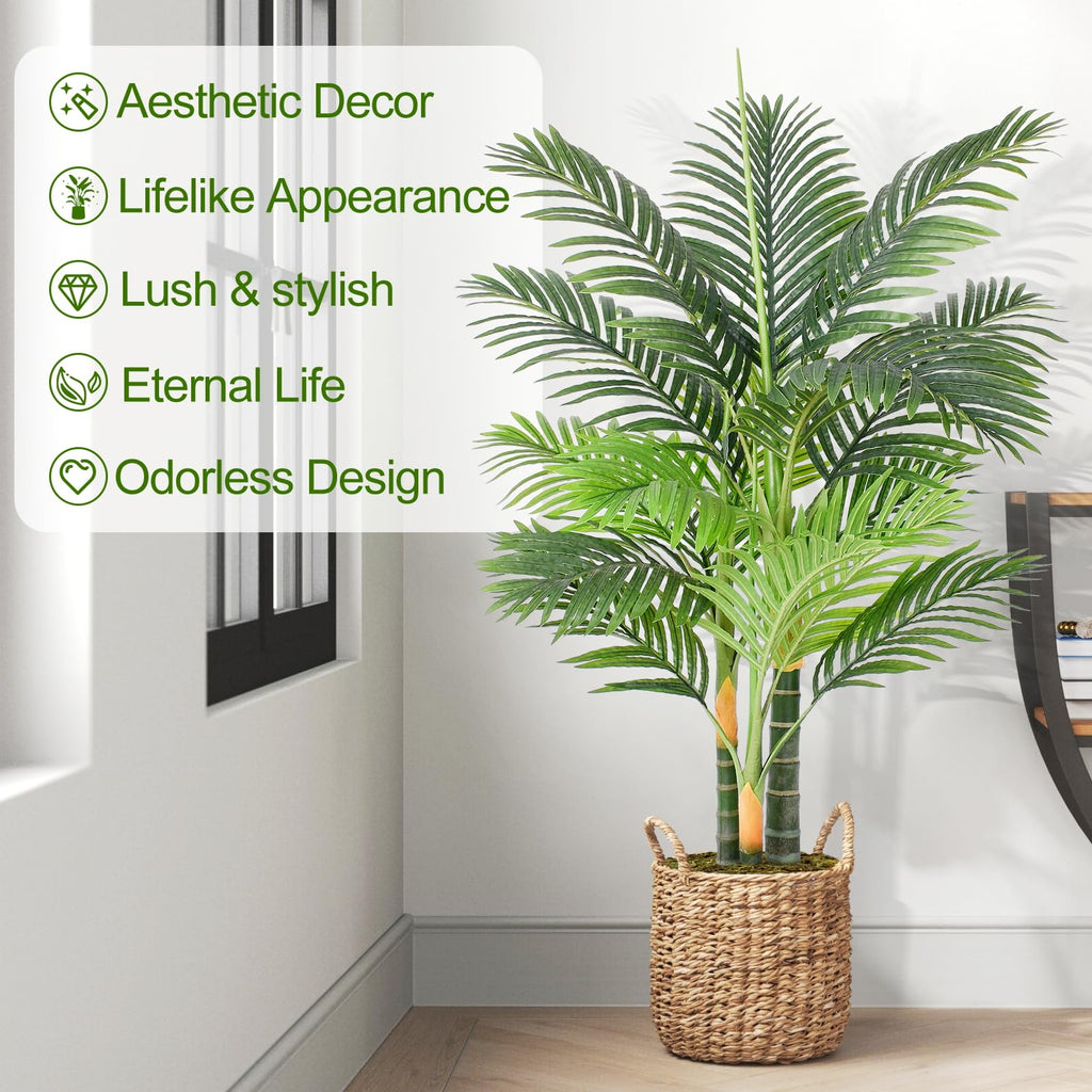 4ft Tall Triple Golden Cane Palm Artificial Tree Large Tropical Palm Tree UV Resistant Fake Plant in Pot for Indoor