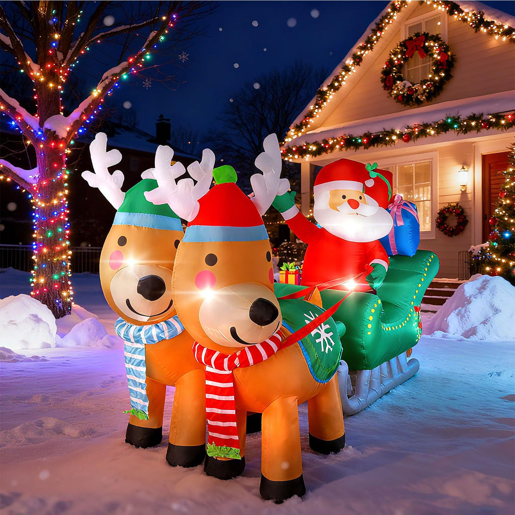 6.7FT Christmas Inflatable Santa Sleigh with Two Reindeer, Christmas Blow Up Yard Decorations, Outdoor Christmas