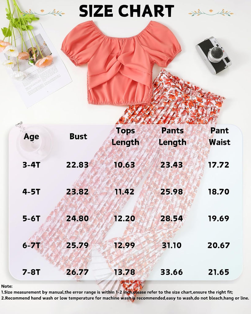 Toddler Girls Clothes Summer Puff Sleeve Smocked Shirt Top Wide Leg Pants Outfits Kids Girl's Clothing Set