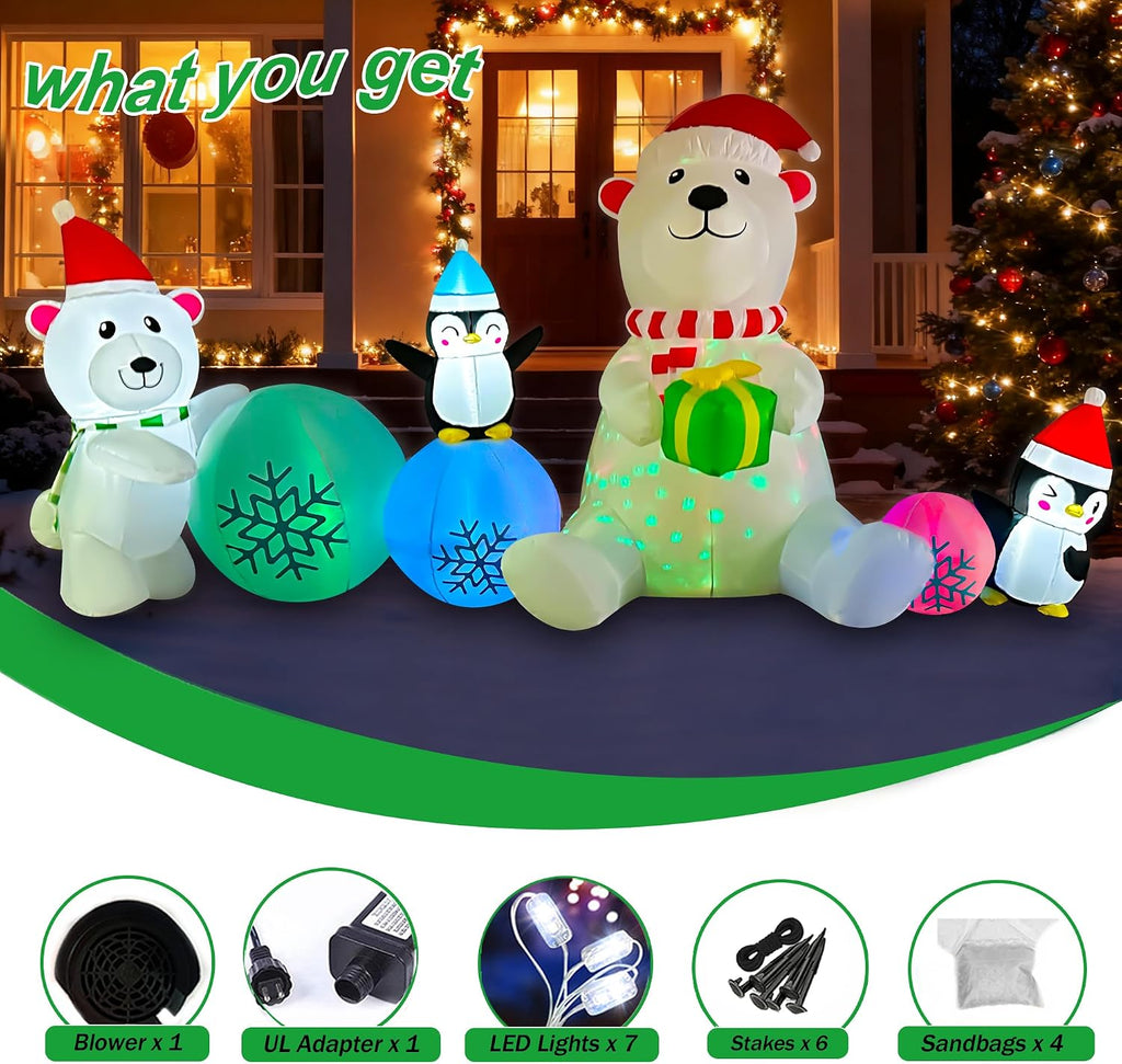 10 FT Long Christmas Inflatable Polar Bear Snowball Decoration, Colorful Rotating Lights Blow Up Xmas Polar Bear with