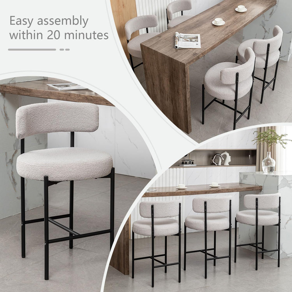 Boucle Bar Stools Set of 4, 24" Modern Counter Stools with Backs, Grey Upholstered Bar Stool Island, Cafe