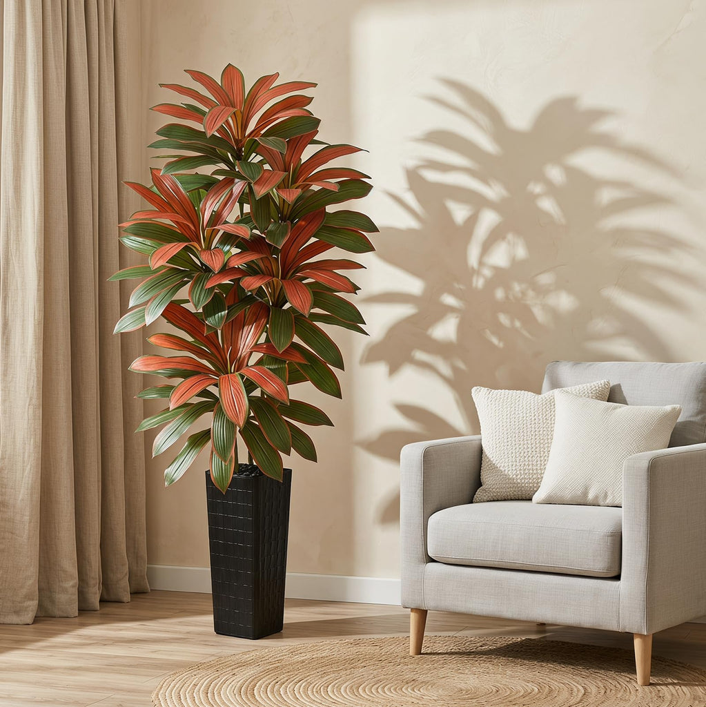 Artificial Red Dracaena Tree 7FT - Fake Tree with Black Tall Planter