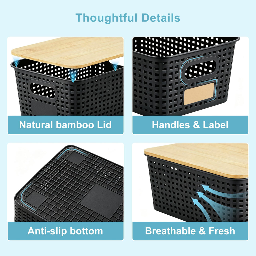 Small Plastic Storage Bins with Bamboo Lids 5.2qt Stackable Box Basket Pantry Decorative Containers Cute with Lable