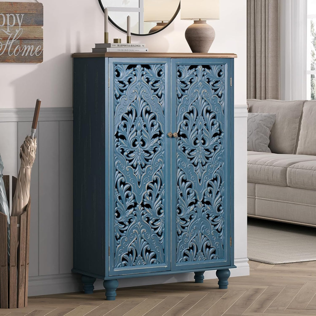 47" Tall Accent Cabinet with Doors & Storage ,Blue | Carved Solid Wood Legs, Decorative Cabinet for Dinning