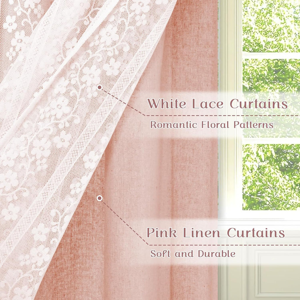 Linen Valances for Windows Farmhouse, Double Layers Kitchen Curtains with Linen and Lace, Rustic Valance Curtains for