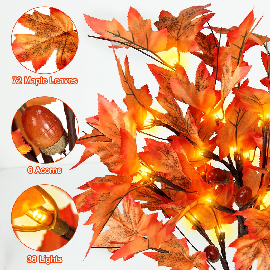 36 LED Lighted Fall Maple Tree - 1.5FT Thanksgiving Tabletop Lamp Decor with, 72 Maple Leaves, 6 Acorns, Timer