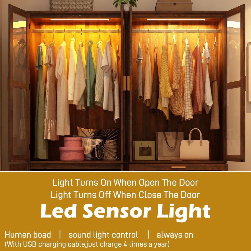 Armoire Wardrobe Closet with Sensor LED Light and Mirror