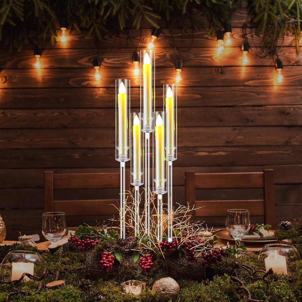 1 Set 5 Arm Acrylic Candelabra Holder Floor Clear Candle Centerpieces with LED Candles and Shade for Proposal