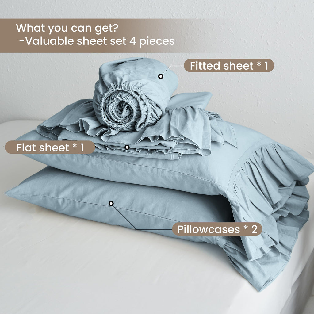 Belgian Linen Sheet Set with Long Ruffles 4pcs (1 Flat Sheet, 1 Fitted Sheet & 2 Pillowcases) Solid Shabby Vintage