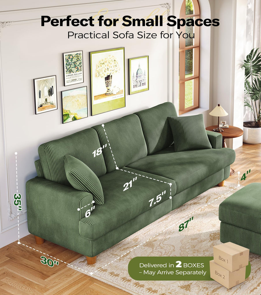 87in Corduroy Couch, 3 Seater Sofa, Sofas & Couches, Green Couch