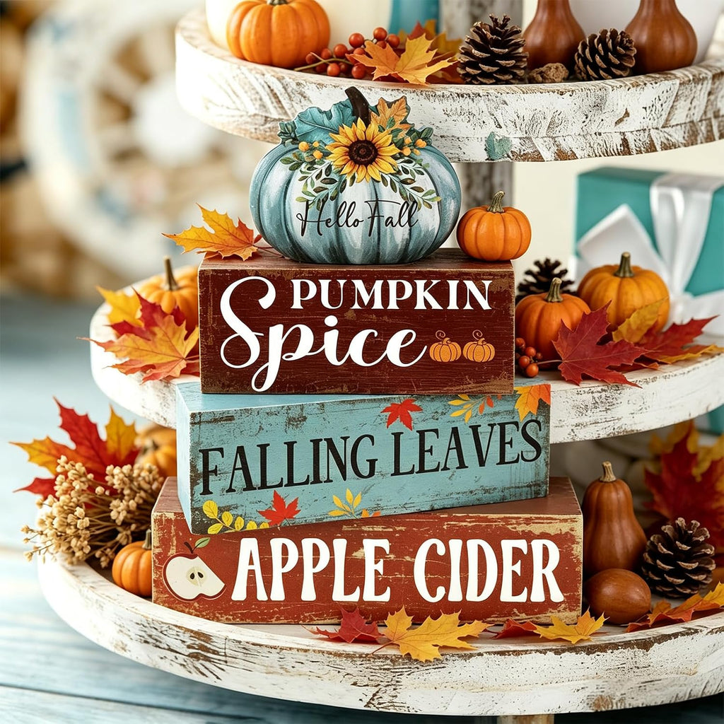 Fall Blue Pumpkin Wooden Block Signs Wooden Blue Pumpkin Decor - Set of 4