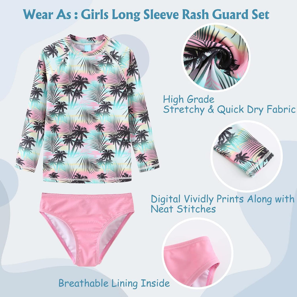 Girls 3 Piece Swimsuits Set Long Sleeve Rash Guard Tankini Bathing Suits for Girls Beach Swimwear Set