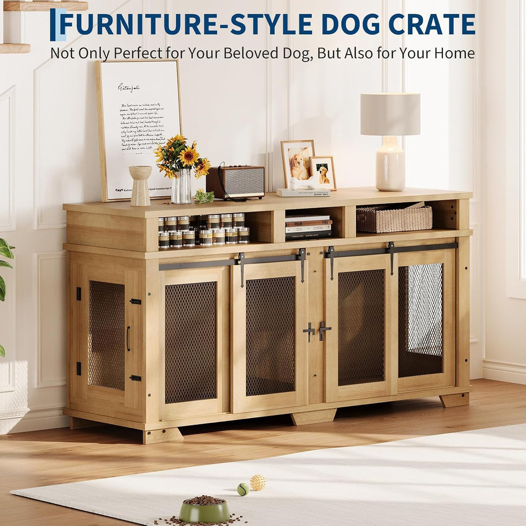 71'' Dog Crate Furniture for 2 Dogs, Extra Large Double Dog Kennel Indoor with Removable Divider and Storage Drawers