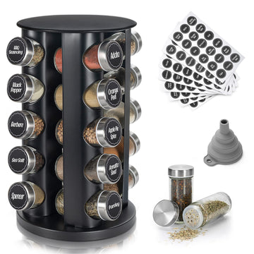 Black Countertop Revolving Spice Rack, Empty 20-Jars Rotating Spice Rack Organizer, Round Carousel Tower, 135 Spice